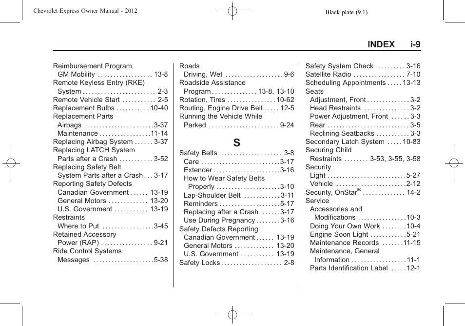 Index_s, Index i-9 | CHEVROLET 2012 Express User Manual | Page 427 / 430