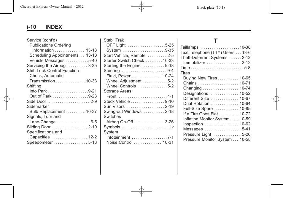 Index_t, I-10 index | CHEVROLET 2012 Express User Manual | Page 428 / 430