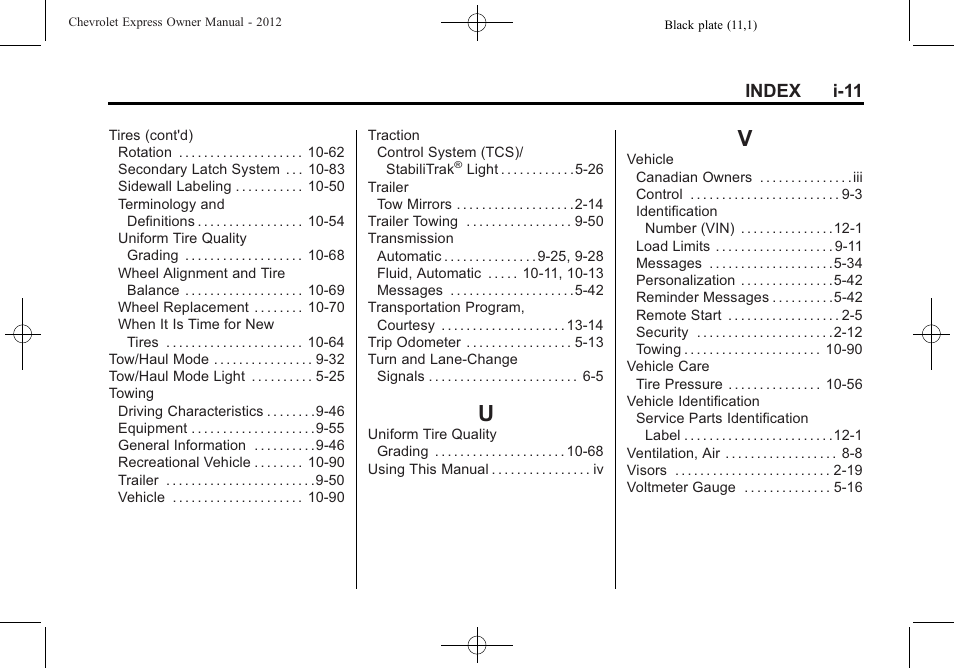 Index_u, Index_v, Index i-11 | CHEVROLET 2012 Express User Manual | Page 429 / 430