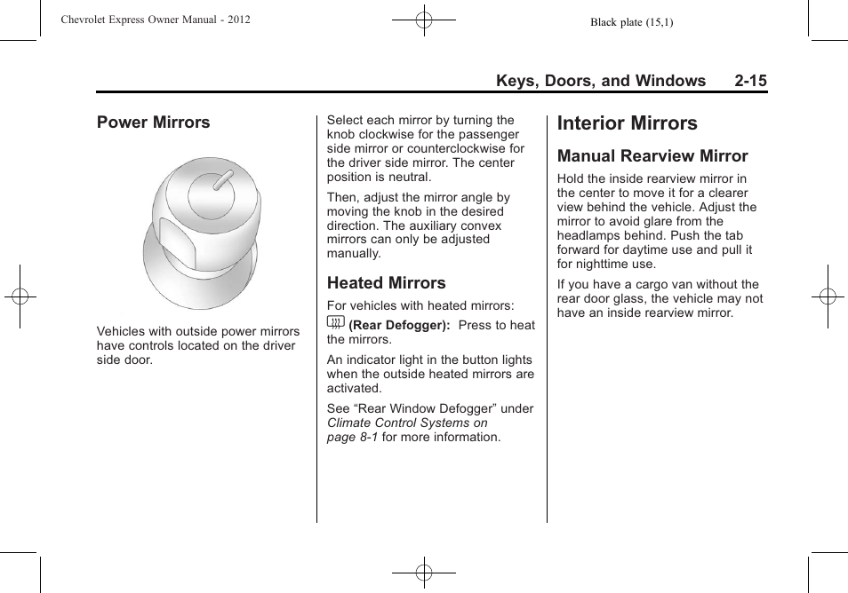 Power mirrors, Heated mirrors, Interior mirrors | Manual rearview mirror, Interior mirrors -15, Power mirrors -15 heated mirrors -15, Manual rearview mirror -15 | CHEVROLET 2012 Express User Manual | Page 43 / 430