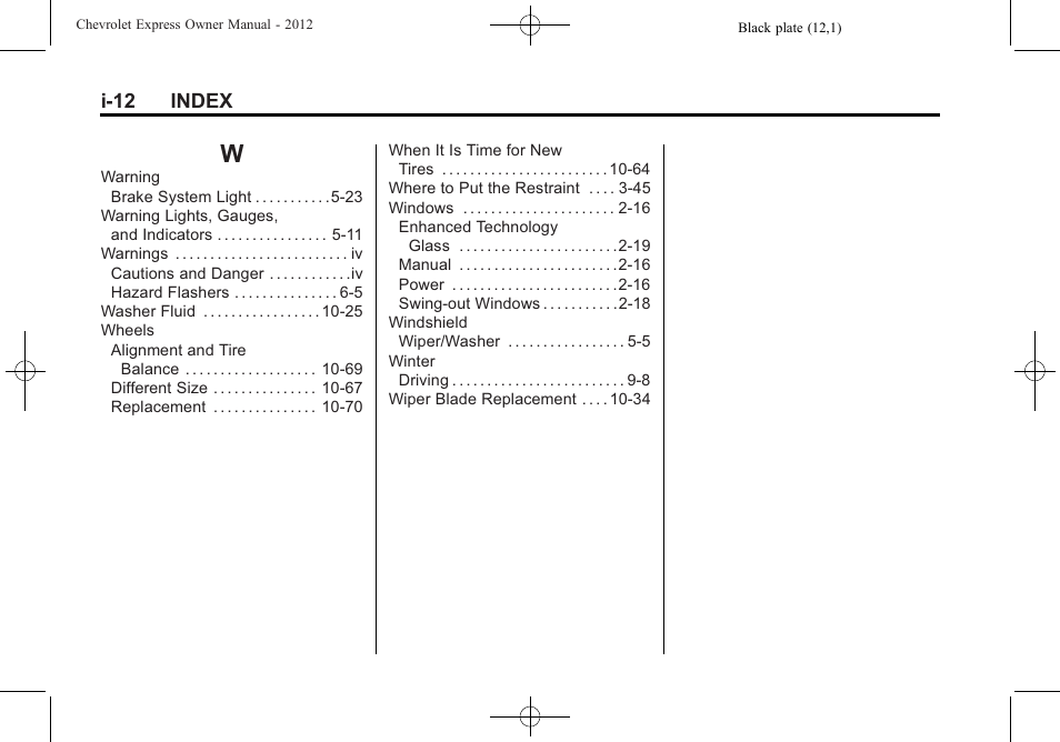 Index_w, I-12 index | CHEVROLET 2012 Express User Manual | Page 430 / 430