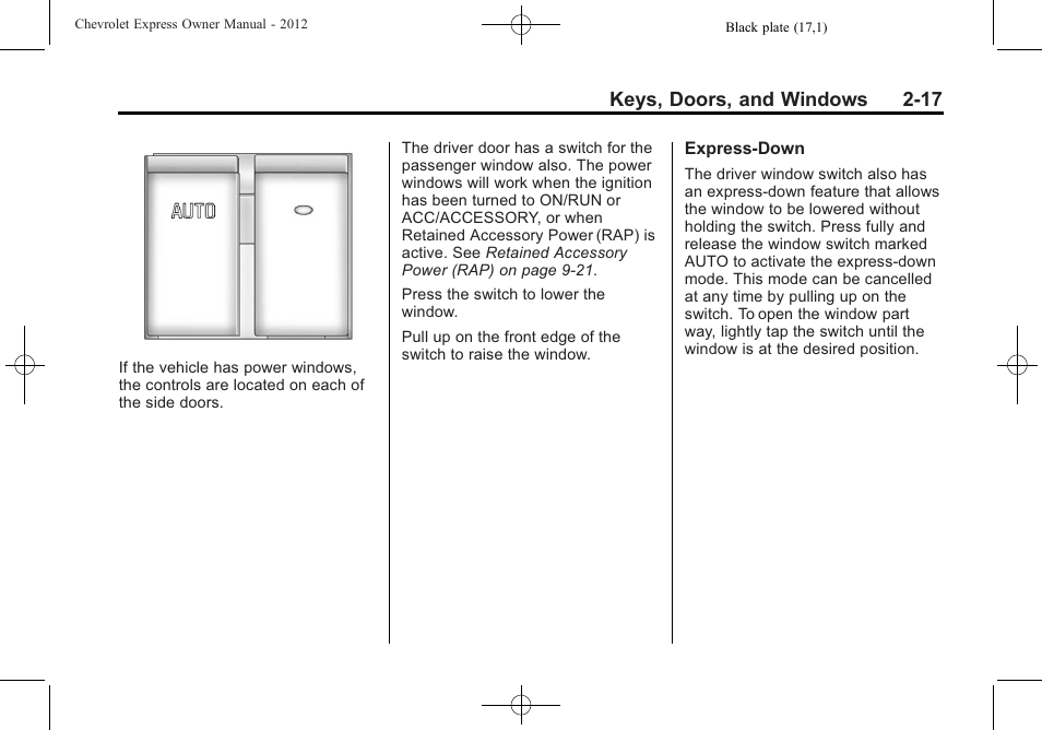 Keys, doors, and windows 2-17 | CHEVROLET 2012 Express User Manual | Page 45 / 430