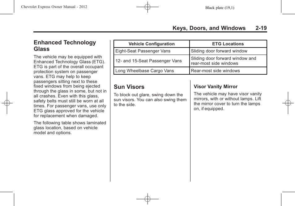 Enhanced technology glass, Sun visors, Enhanced technology | Glass -19, Sun visors -19 | CHEVROLET 2012 Express User Manual | Page 47 / 430