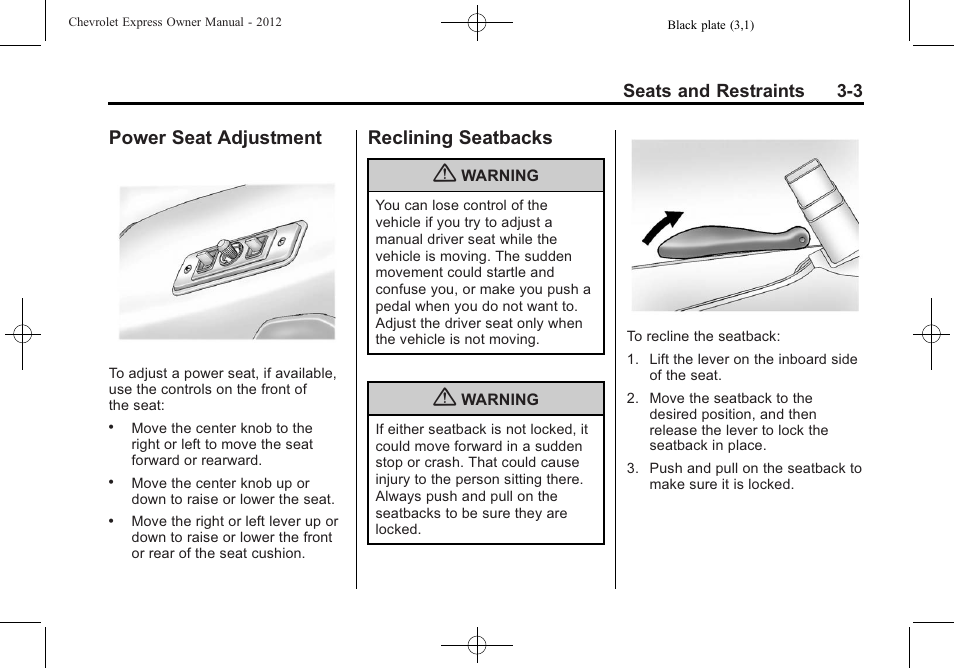 Power seat adjustment, Reclining seatbacks, Power seat adjustment -3 reclining seatbacks -3 | CHEVROLET 2012 Express User Manual | Page 51 / 430