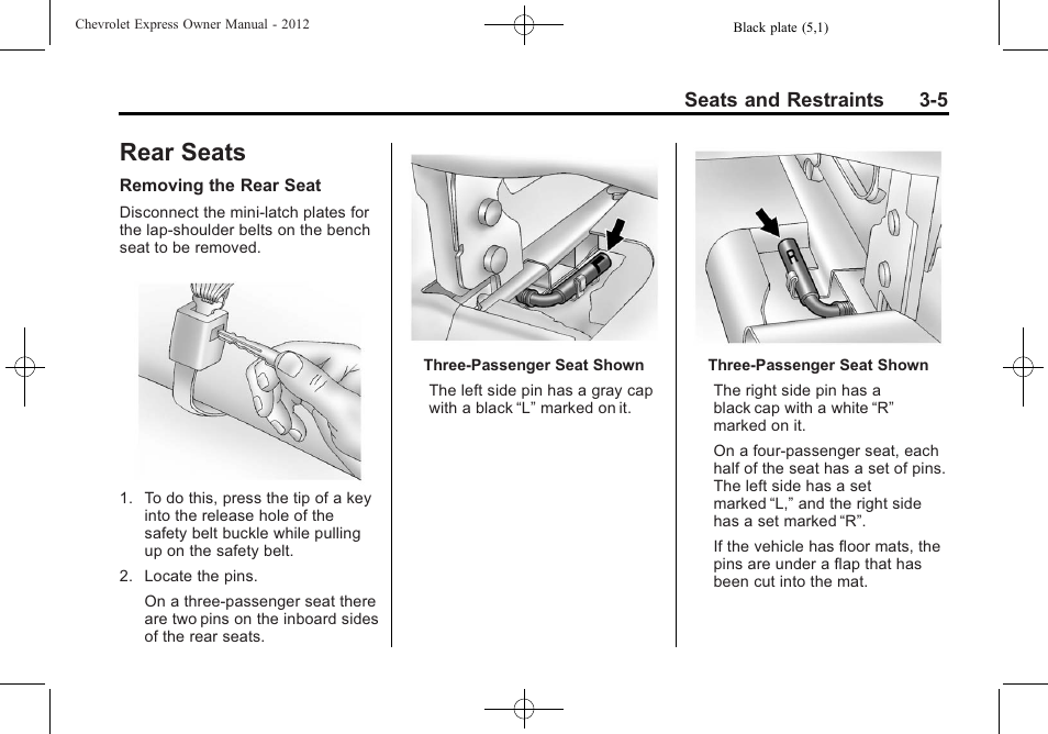 Rear seats, Lighting, Rear seats -5 | Restrain | CHEVROLET 2012 Express User Manual | Page 53 / 430
