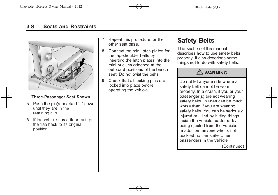 Safety belts, Safety belts -8, Airbag | CHEVROLET 2012 Express User Manual | Page 56 / 430