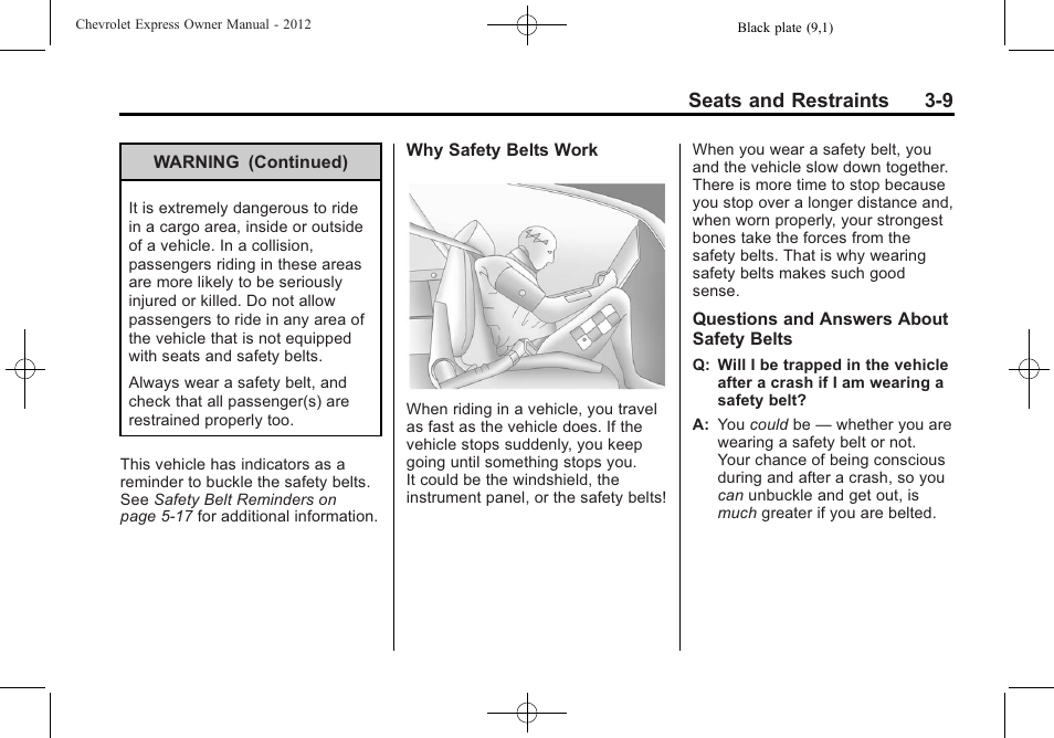 Seats and restraints 3-9 | CHEVROLET 2012 Express User Manual | Page 57 / 430