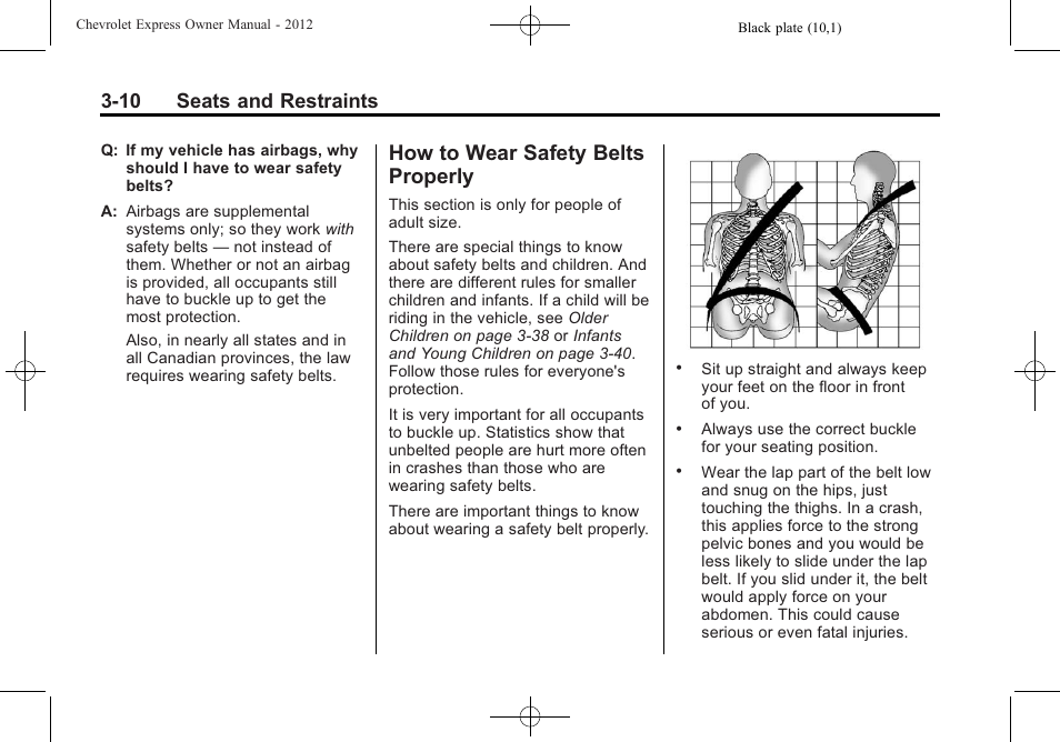 How to wear safety belts properly, How to wear safety belts, Properly -10 | 10 seats and restraints | CHEVROLET 2012 Express User Manual | Page 58 / 430