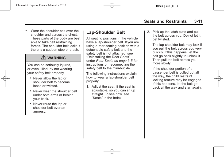 Lap-shoulder belt, Lap-shoulder belt -11, Servicing | Seats and restraints 3-11 | CHEVROLET 2012 Express User Manual | Page 59 / 430