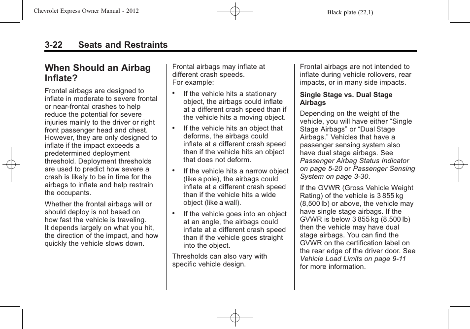 When should an airbag inflate, When should an airbag, Inflate? -22 | 22 seats and restraints | CHEVROLET 2012 Express User Manual | Page 70 / 430
