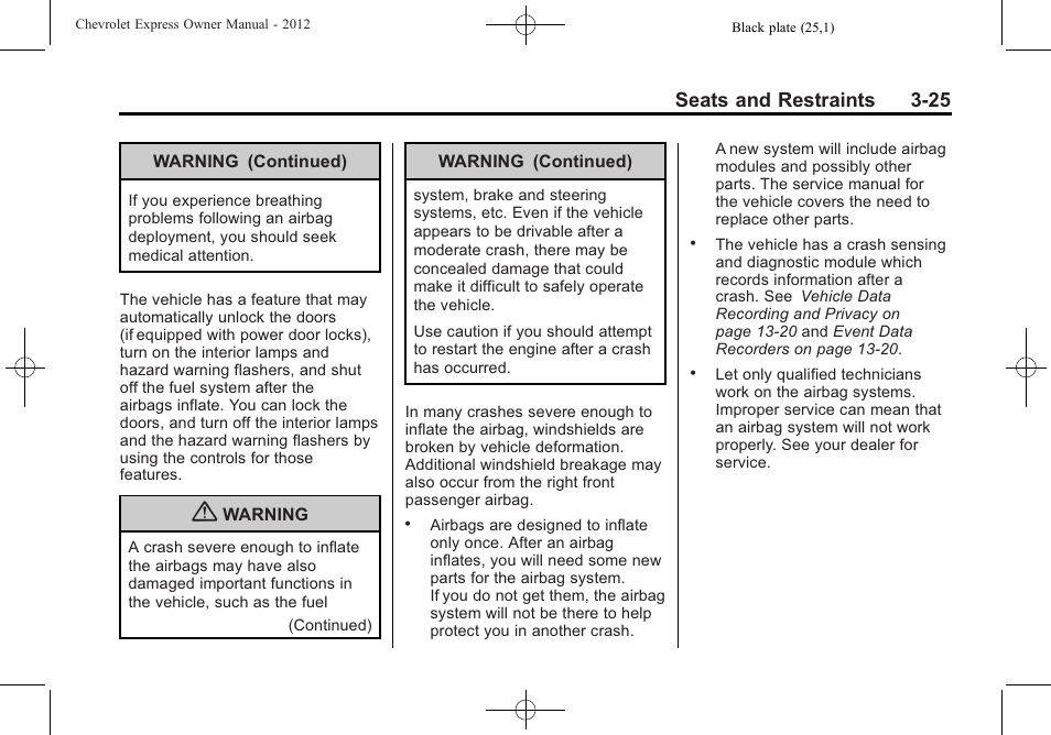 Seats and restraints 3-25 | CHEVROLET 2012 Express User Manual | Page 73 / 430