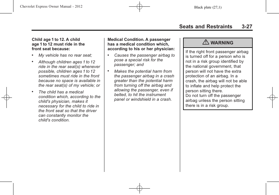 Seats and restraints 3-27 | CHEVROLET 2012 Express User Manual | Page 75 / 430