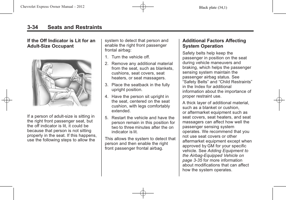 34 seats and restraints | CHEVROLET 2012 Express User Manual | Page 82 / 430