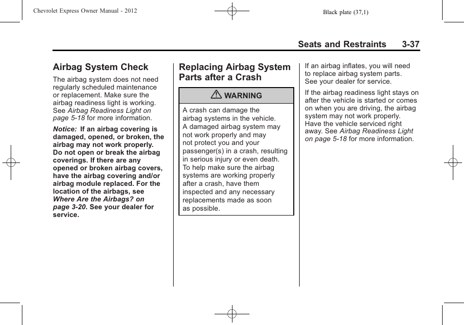 Airbag system check, Replacing airbag system parts after a crash, Airbag system check -37 replacing airbag system | Parts after a crash -37 | CHEVROLET 2012 Express User Manual | Page 85 / 430