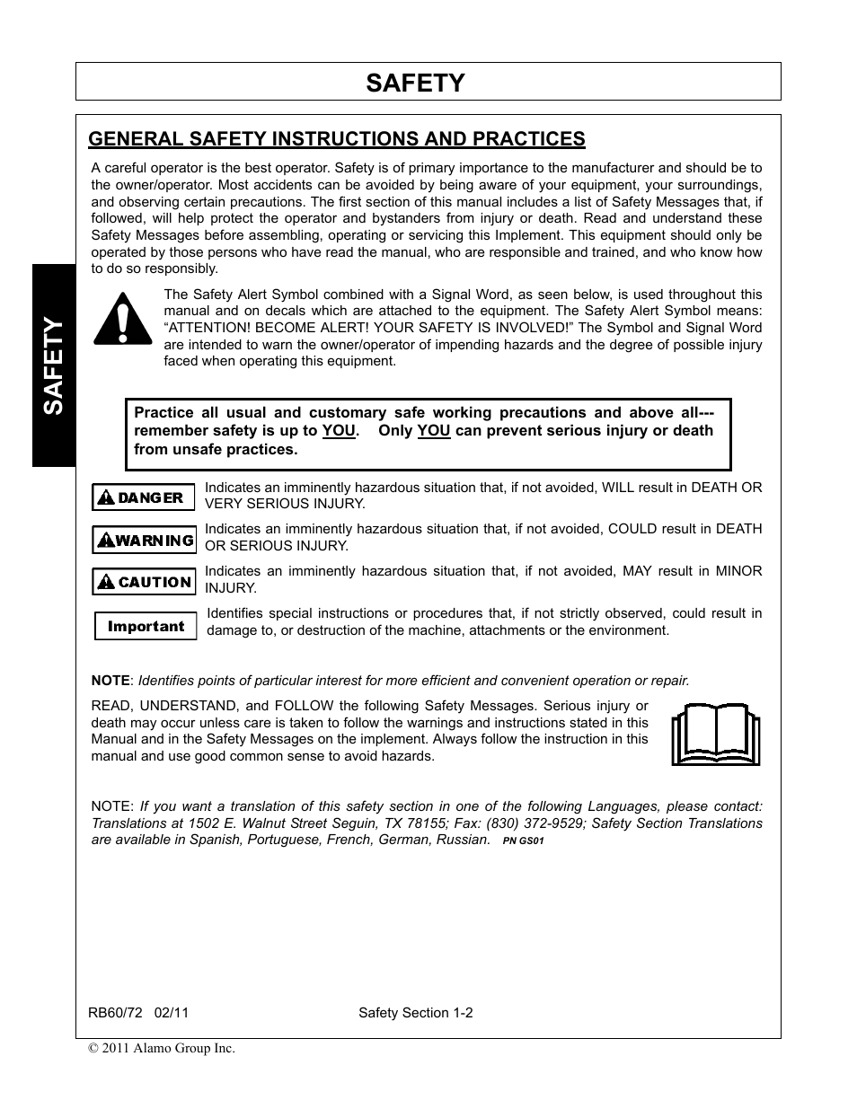 General safety instructions and practices, General safety instructions and practices -2, Safety | Blue Rhino RB60/72 User Manual | Page 10 / 178