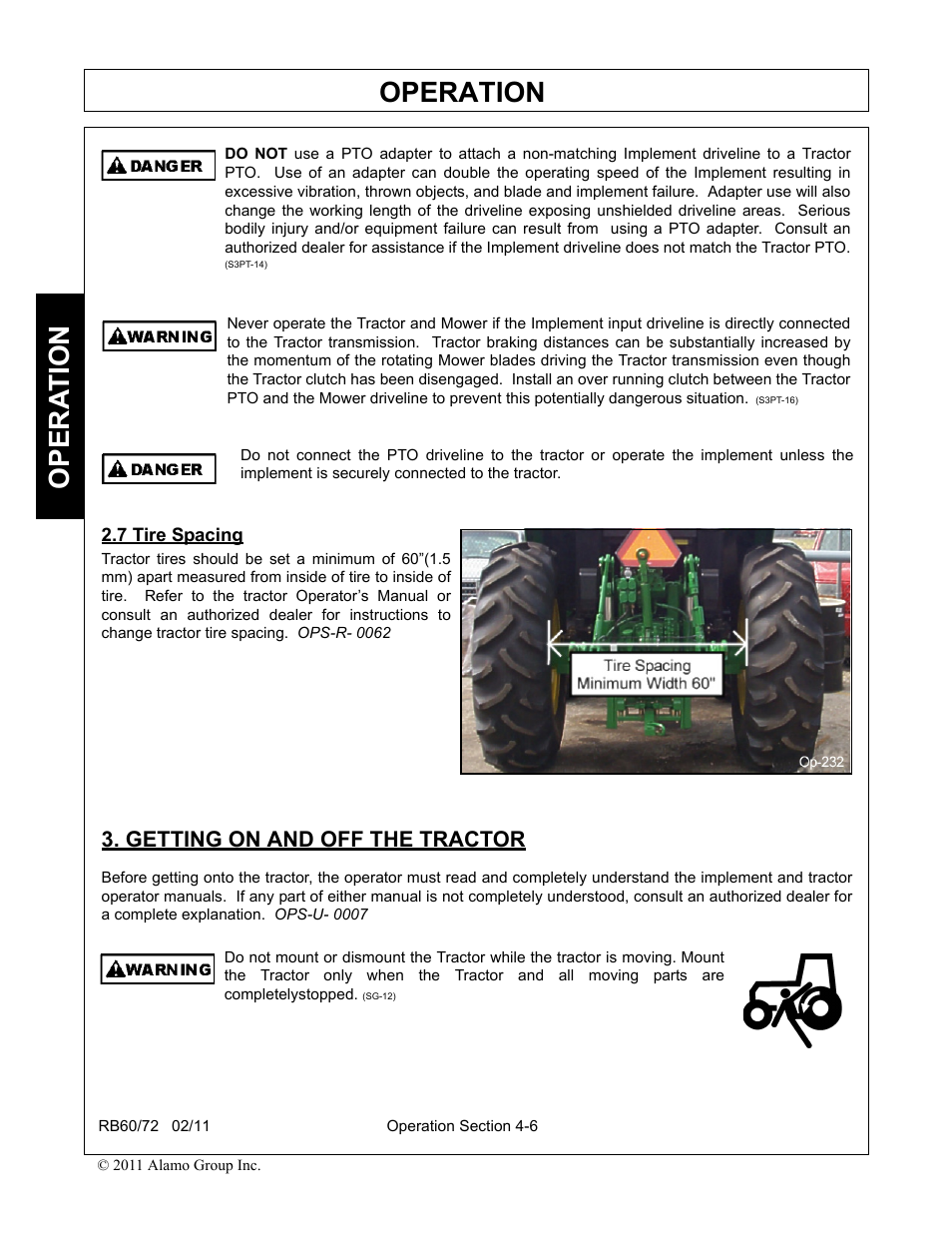 7 tire spacing, Getting on and off the tractor, Tire spacing -6 | Getting on and off the tractor -6, Operation, Opera t ion | Blue Rhino RB60/72 User Manual | Page 106 / 178