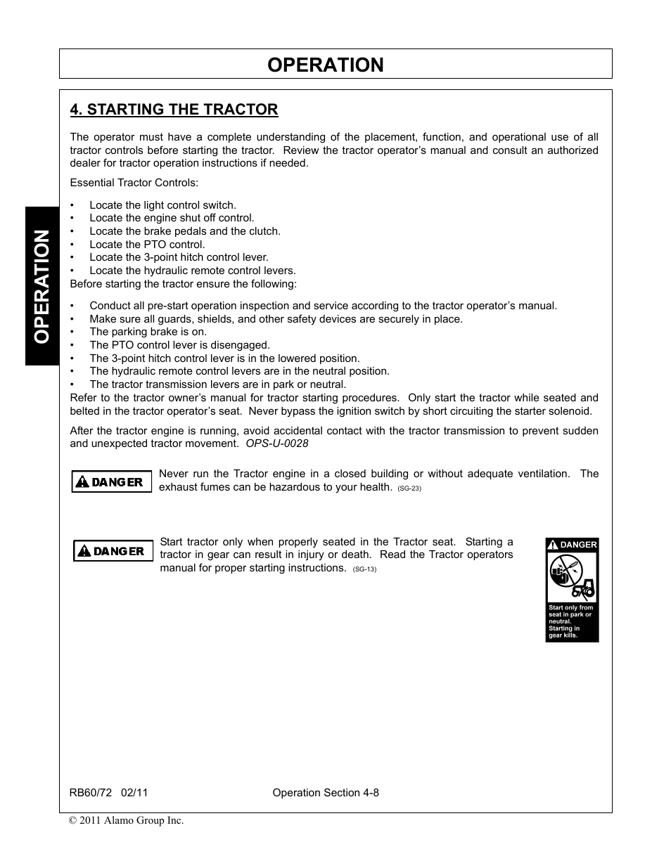 Starting the tractor, Starting the tractor -8, Operation | Opera t ion | Blue Rhino RB60/72 User Manual | Page 108 / 178