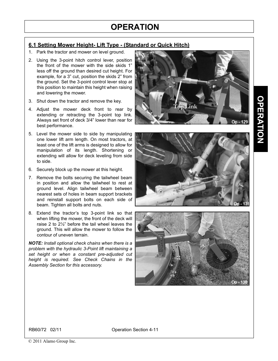 Park the tractor and mower on level ground, Shut down the tractor and remove the key, Securely block up the mower at this height | Operation, Opera t ion | Blue Rhino RB60/72 User Manual | Page 111 / 178