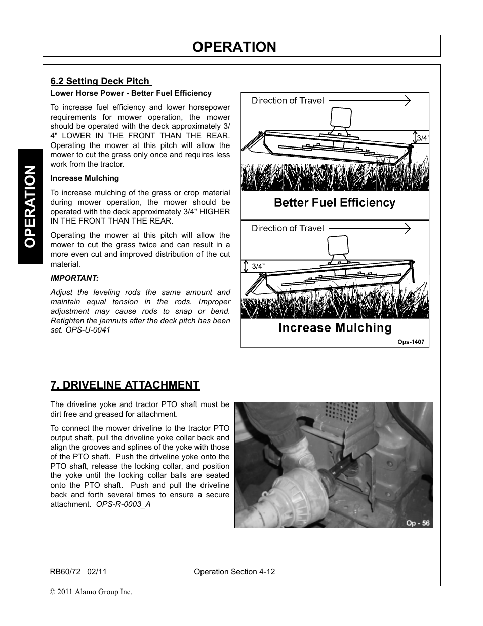 2 setting deck pitch, Driveline attachment, Setting deck pitch -12 driveline attachment -12 | Operation, Opera t ion | Blue Rhino RB60/72 User Manual | Page 112 / 178