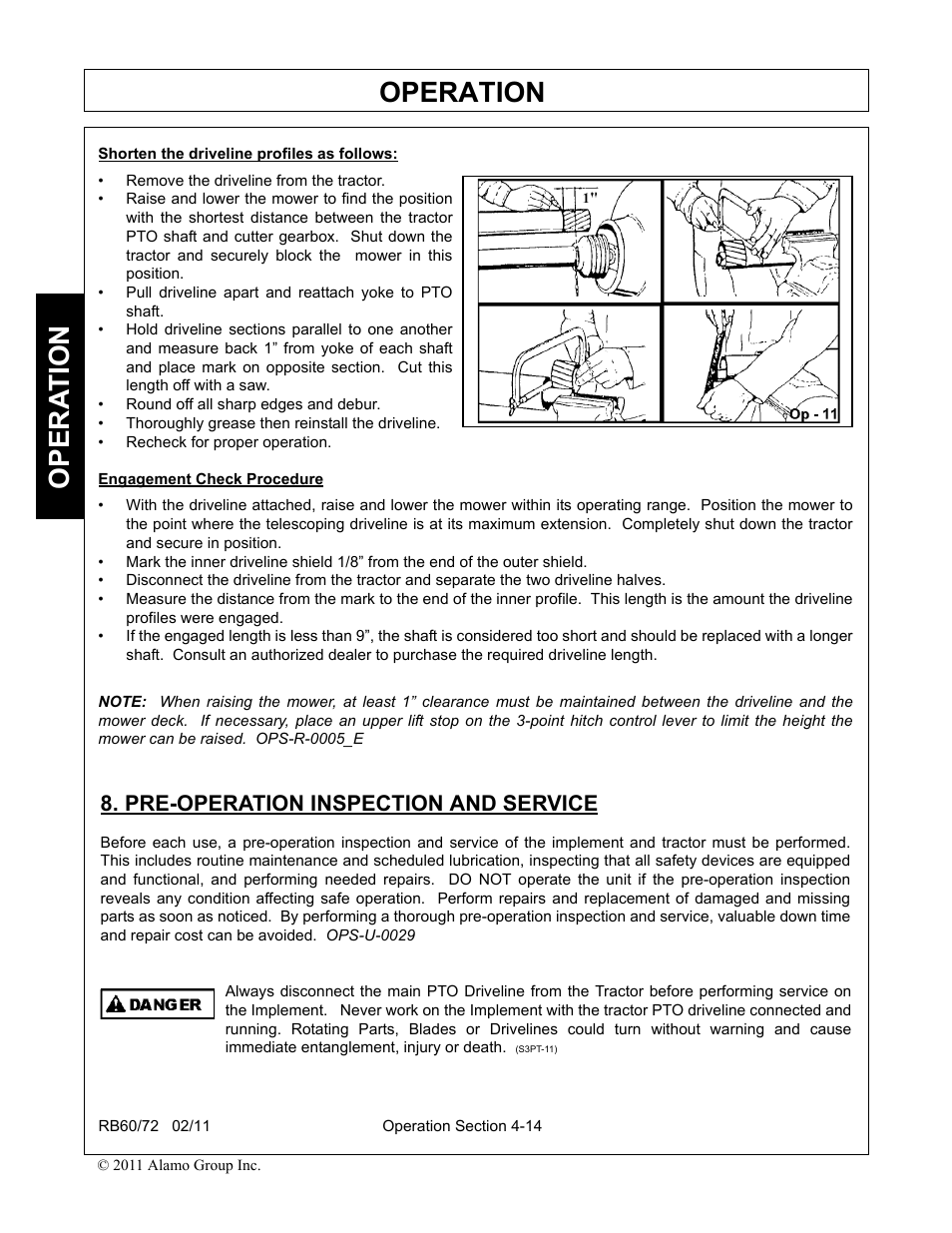 Pre-operation inspection and service, Pre-operation inspection and service -14, Operation | Opera t ion | Blue Rhino RB60/72 User Manual | Page 114 / 178