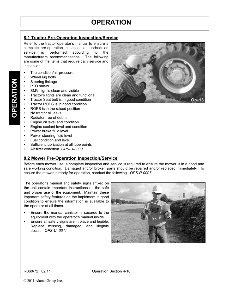 1 tractor pre-operation inspection/service, 2 mower pre-operation inspection/service, Operation | Opera t ion | Blue Rhino RB60/72 User Manual | Page 116 / 178