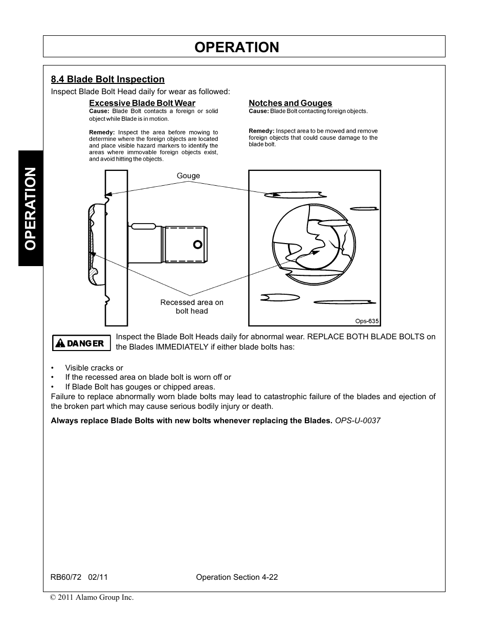 4 blade bolt inspection, Blade bolt inspection -22, Operation | Opera t ion | Blue Rhino RB60/72 User Manual | Page 122 / 178