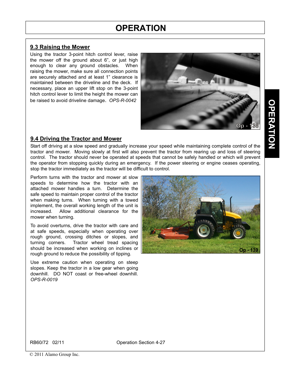 3 raising the mower, 4 driving the tractor and mower, Operation | Opera t ion | Blue Rhino RB60/72 User Manual | Page 127 / 178