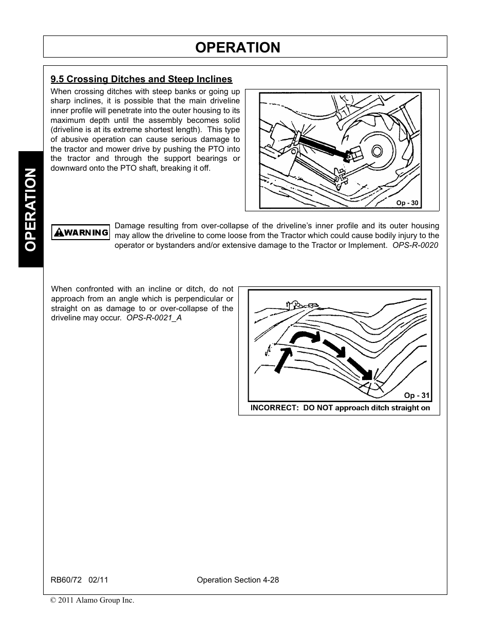 5 crossing ditches and steep inclines, Crossing ditches and steep inclines -28, Operation | Opera t ion | Blue Rhino RB60/72 User Manual | Page 128 / 178