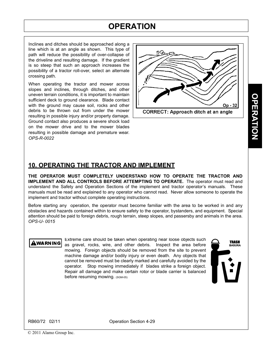 Operating the tractor and implement, Operating the tractor and implement -29, Operation | Opera t ion | Blue Rhino RB60/72 User Manual | Page 129 / 178