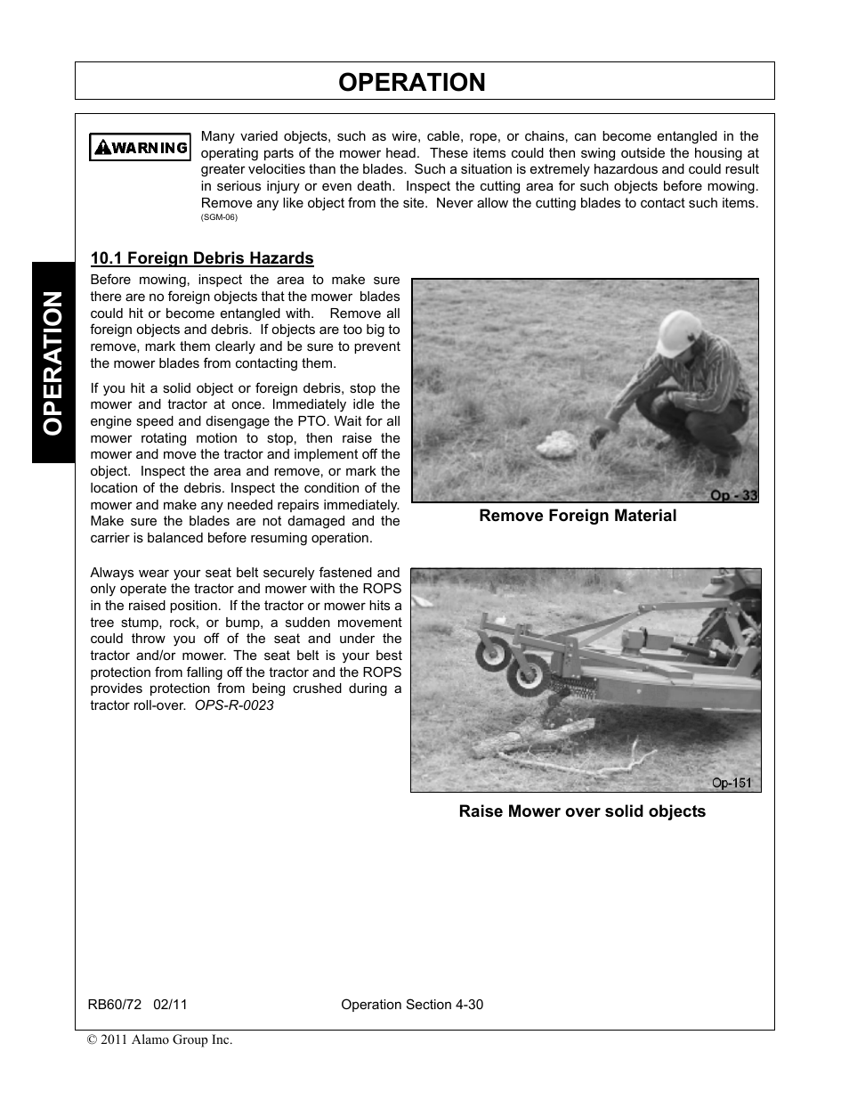 1 foreign debris hazards, Foreign debris hazards -30, Operation | Opera t ion | Blue Rhino RB60/72 User Manual | Page 130 / 178