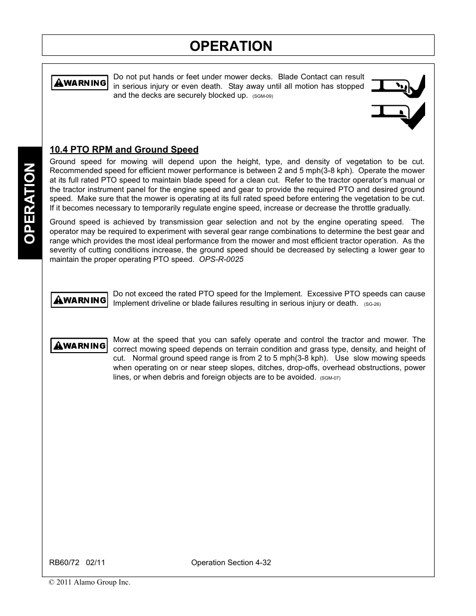 4 pto rpm and ground speed, Pto rpm and ground speed -32, Operation | Opera t ion | Blue Rhino RB60/72 User Manual | Page 132 / 178