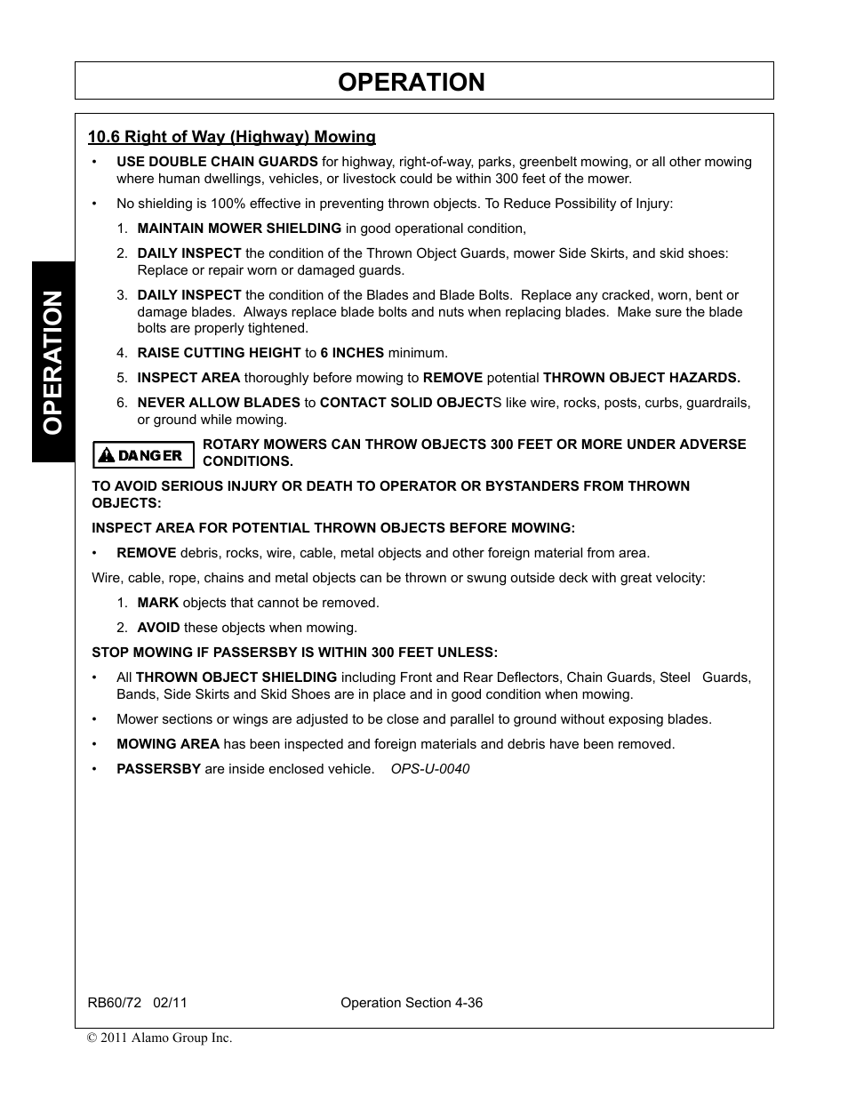 6 right of way (highway) mowing, Raise cutting height to 6 inches minimum, Mark objects that cannot be removed | Avoid these objects when mowing, Right of way (highway) mowing -36, Operation, Opera t ion | Blue Rhino RB60/72 User Manual | Page 136 / 178