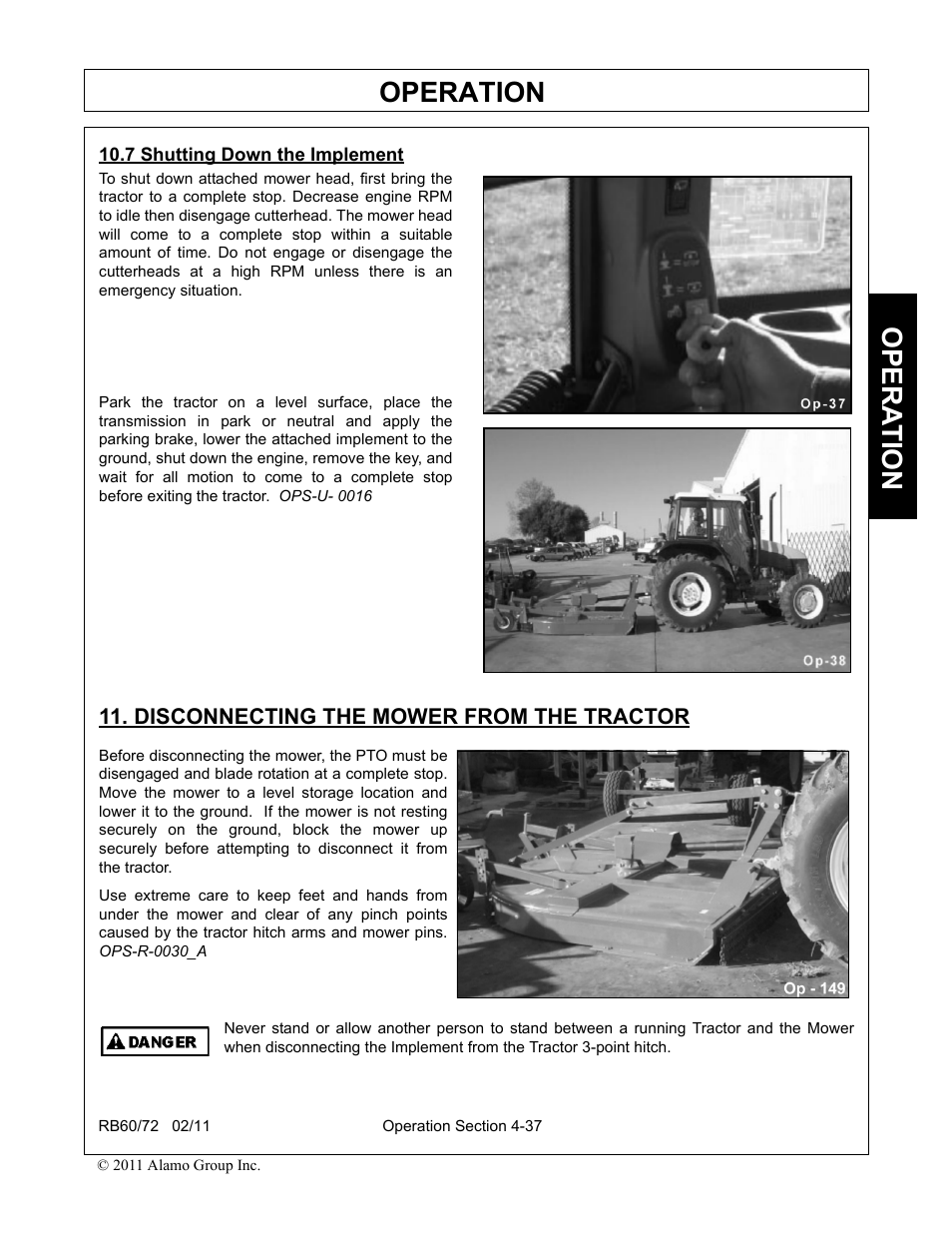 7 shutting down the implement, Disconnecting the mower from the tractor, Operation | Opera t ion | Blue Rhino RB60/72 User Manual | Page 137 / 178