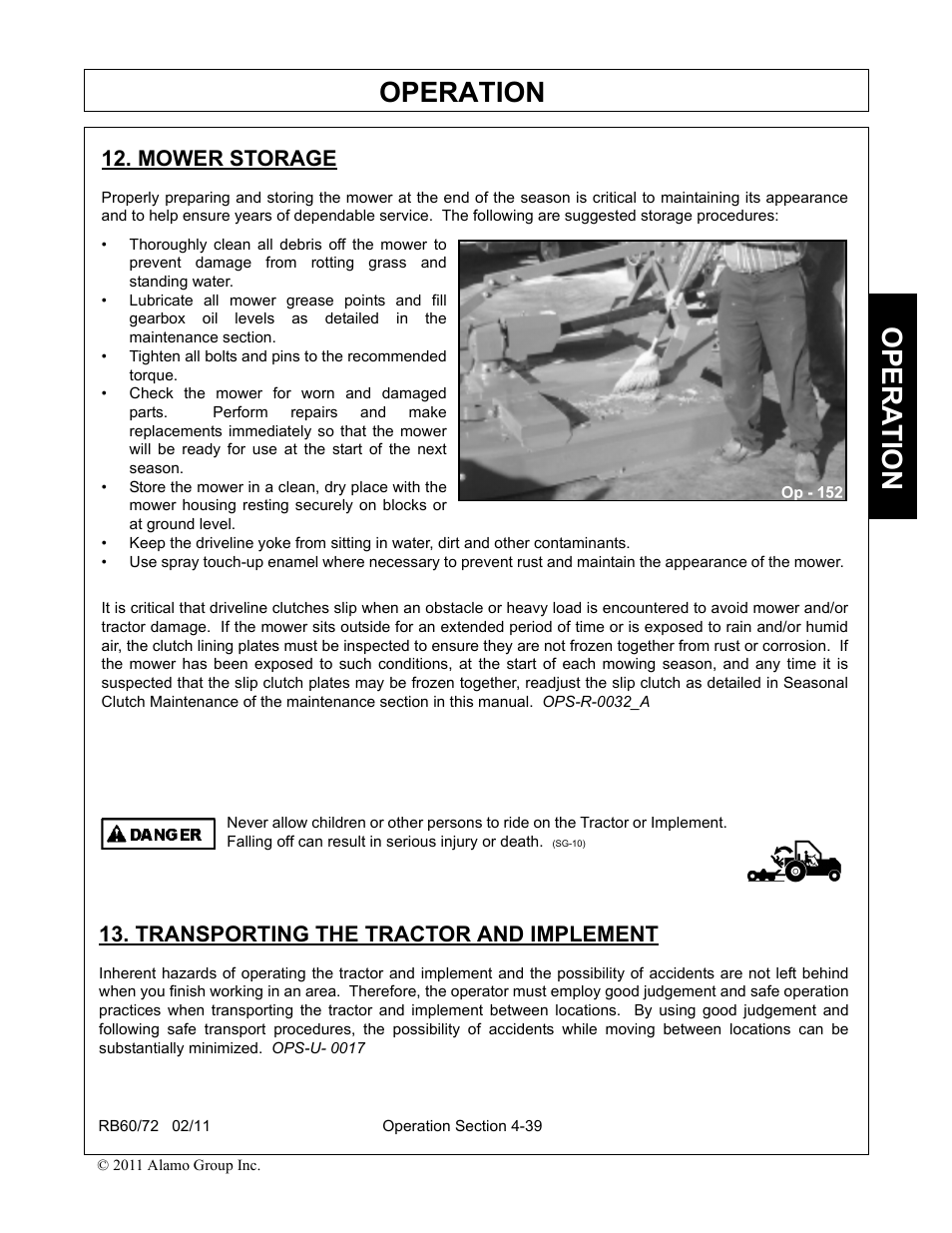 Mower storage, Transporting the tractor and implement, Operation | Opera t ion | Blue Rhino RB60/72 User Manual | Page 139 / 178