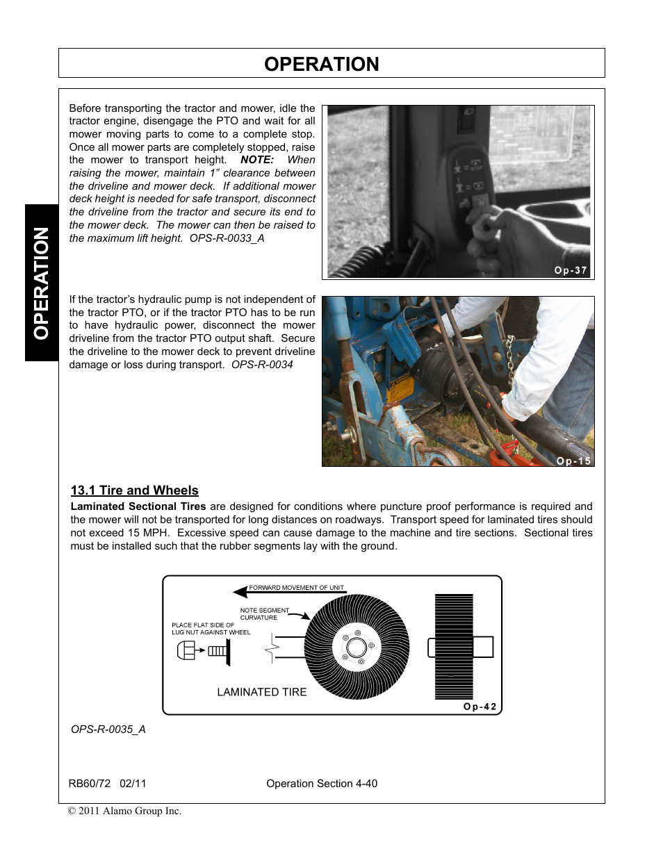 1 tire and wheels, Tire and wheels -40, Operation | Opera t ion | Blue Rhino RB60/72 User Manual | Page 140 / 178