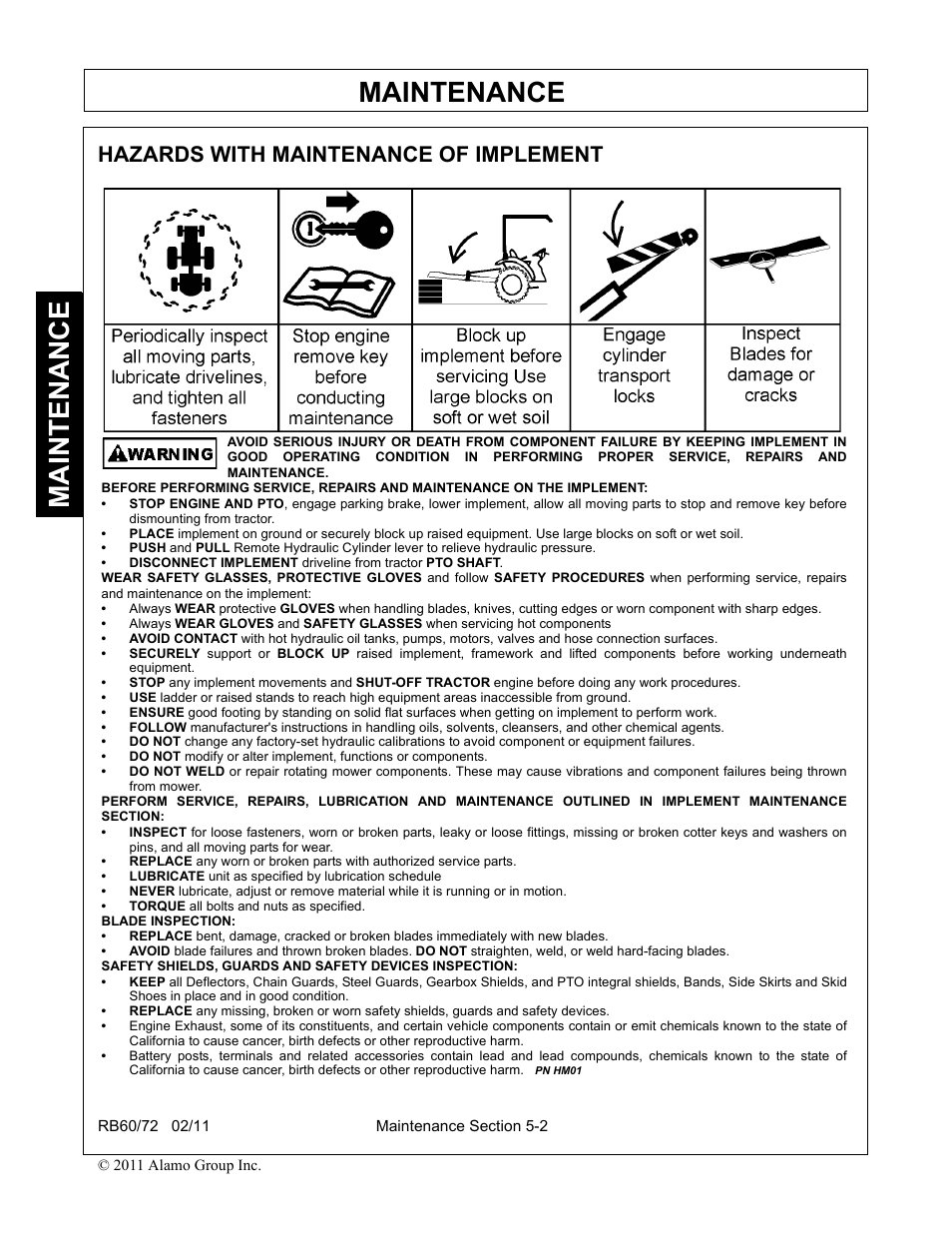 Hazards with maintenance of implement, Hazards with maintenance of implement -2, Maintenance | Blue Rhino RB60/72 User Manual | Page 146 / 178
