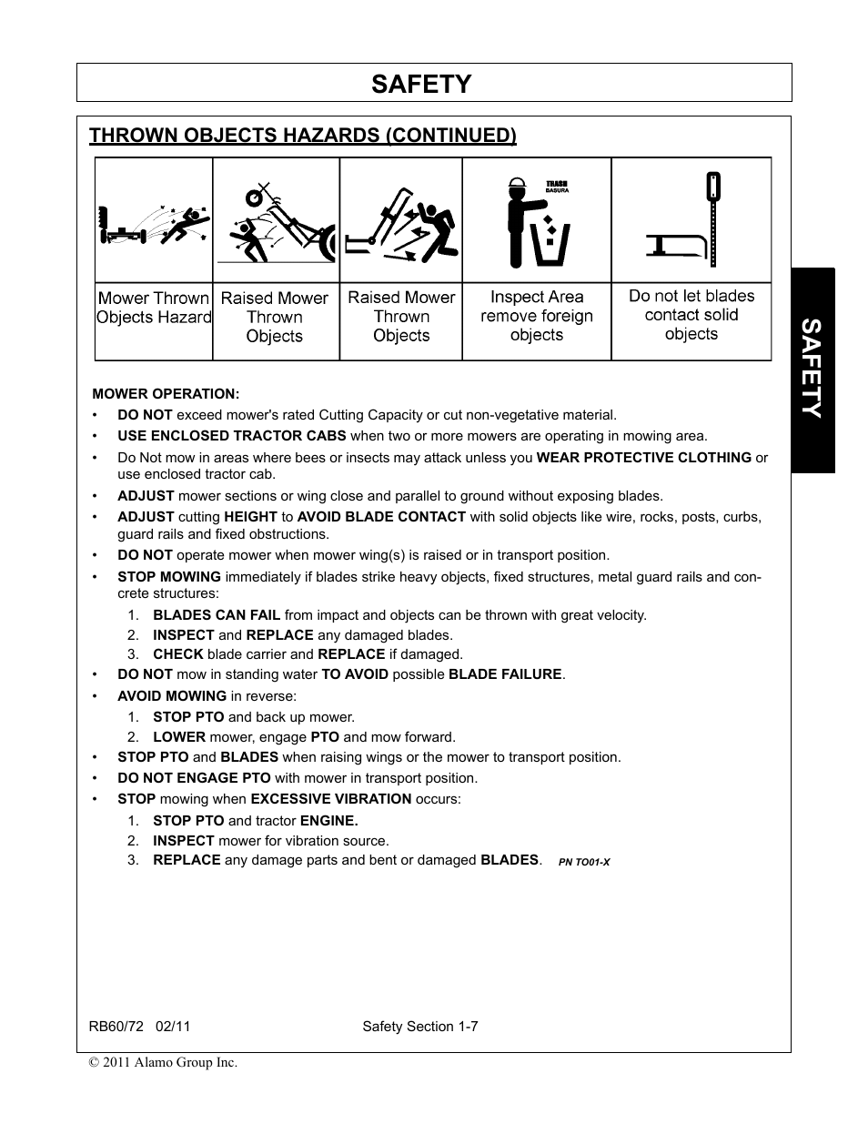 Inspect and replace any damaged blades, Check blade carrier and replace if damaged, Stop pto and back up mower | Lower mower, engage pto and mow forward, Stop pto and tractor engine, Inspect mower for vibration source, Safety, Thrown objects hazards (continued) | Blue Rhino RB60/72 User Manual | Page 15 / 178