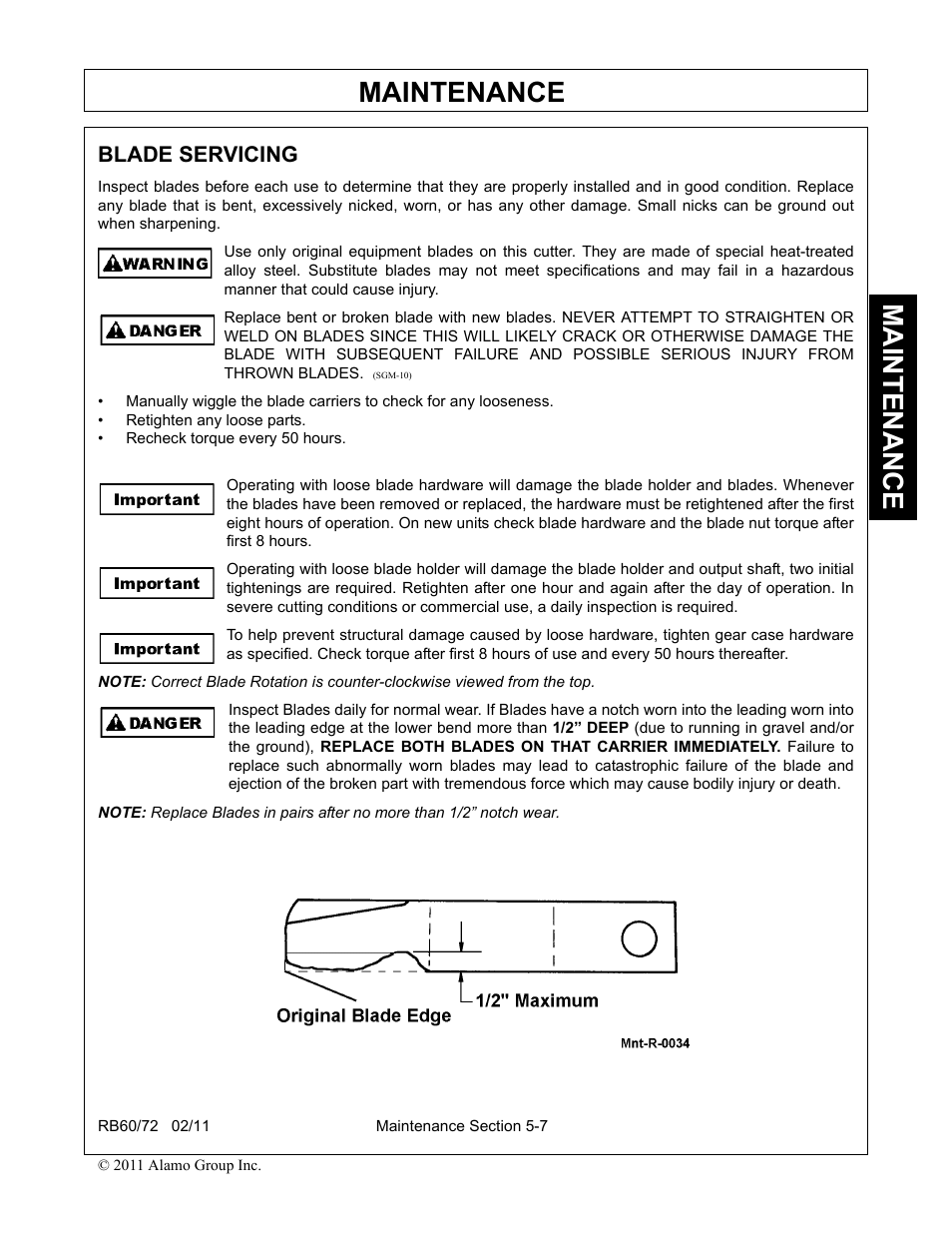 Blade servicing -7, Maintenance, Blade servicing | Blue Rhino RB60/72 User Manual | Page 151 / 178