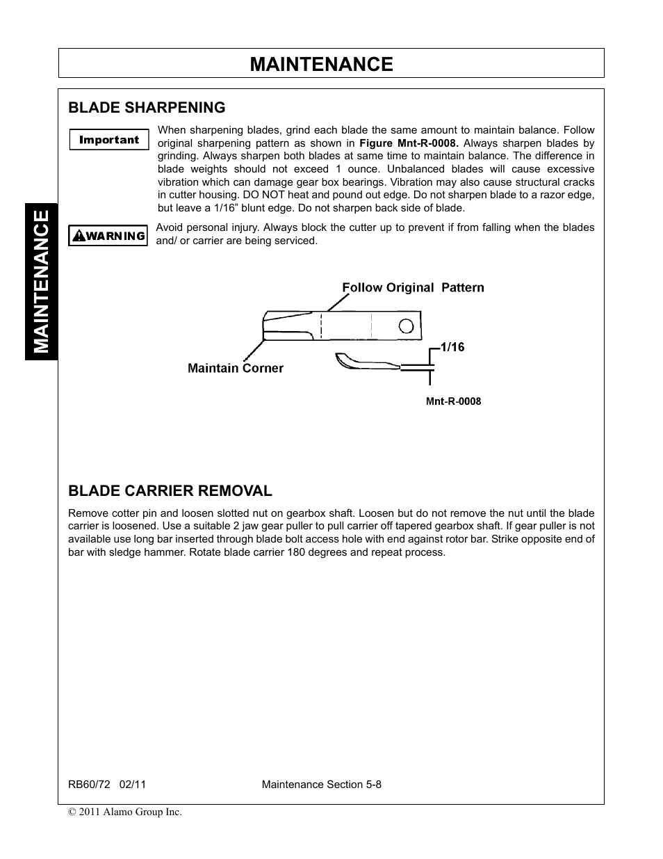 Blade sharpening, Blade carrier removal, Blade sharpening -8 blade carrier removal -8 | Maintenance | Blue Rhino RB60/72 User Manual | Page 152 / 178