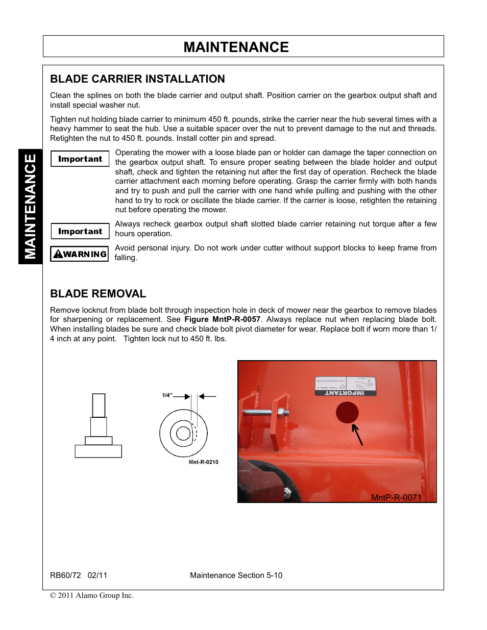 Blade removal, Blade carrier installation -10 blade removal -10, Maintenance | Blue Rhino RB60/72 User Manual | Page 154 / 178