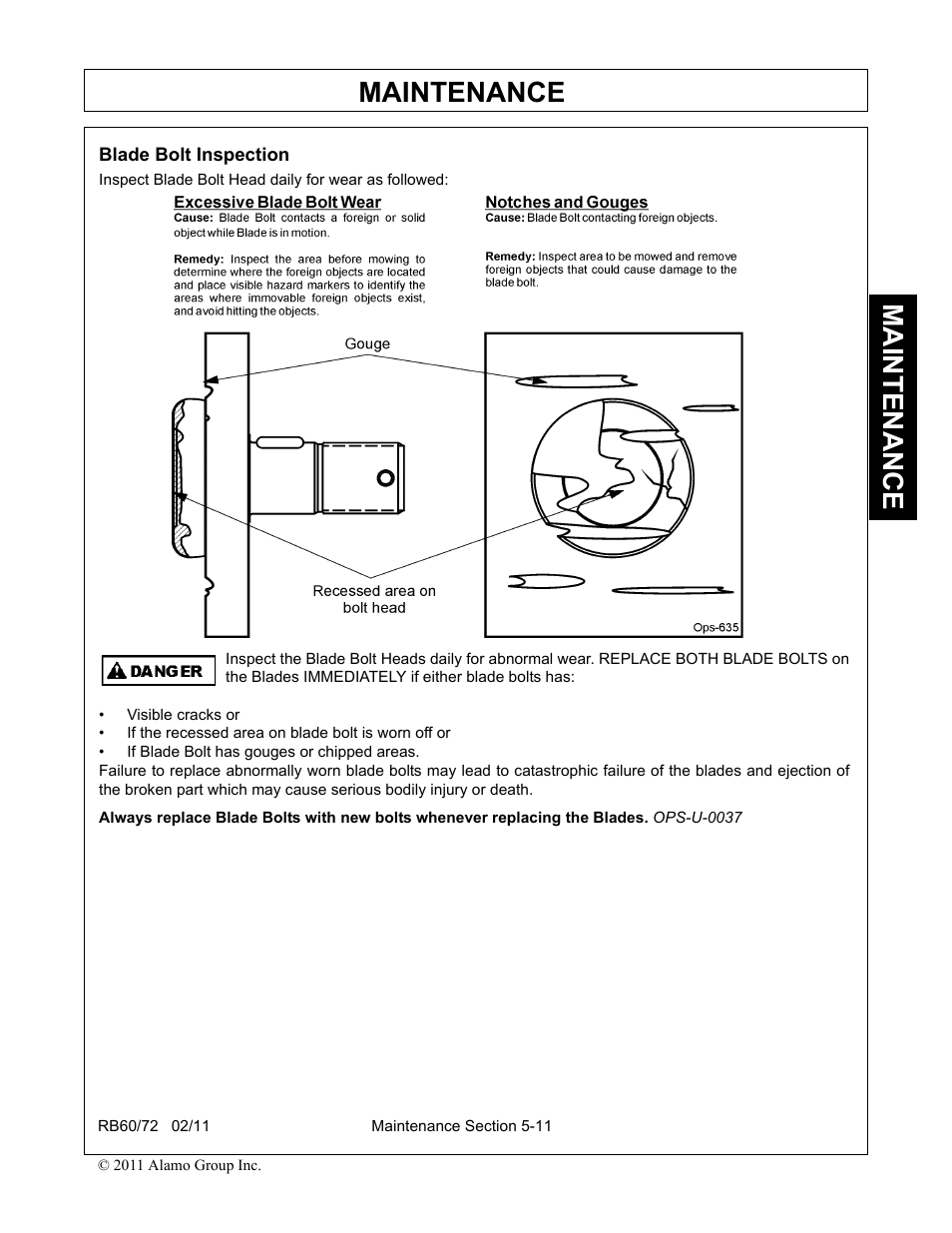 Blade bolt inspection, Blade bolt inspection -11, Maintenance | Blue Rhino RB60/72 User Manual | Page 155 / 178