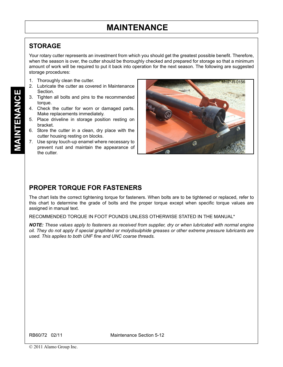 Storage, Thoroughly clean the cutter, Proper torque for fasteners | Proper torque for fasteners -12, Maintenance | Blue Rhino RB60/72 User Manual | Page 156 / 178