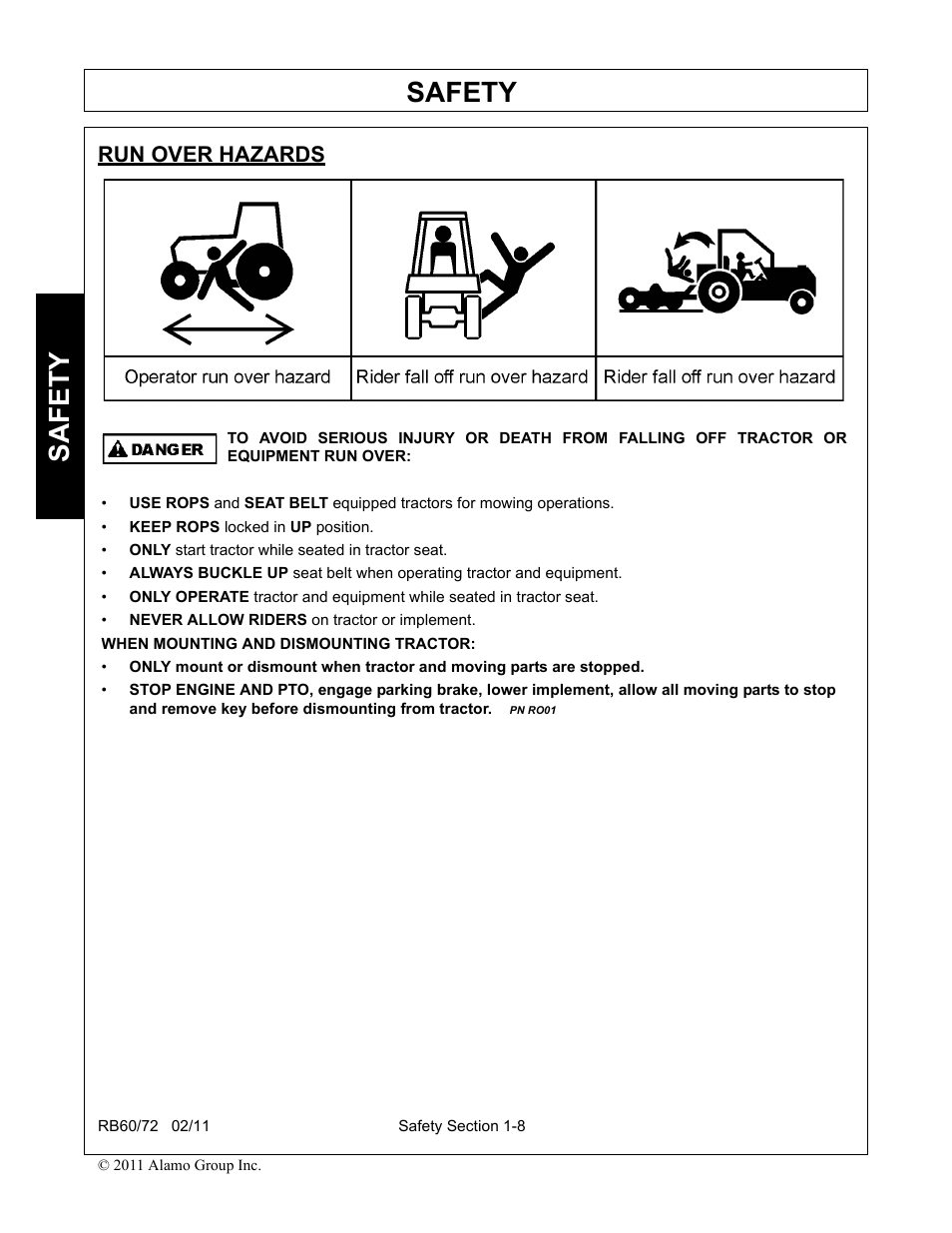 Run over hazards, Run over hazards -8, Safety | Blue Rhino RB60/72 User Manual | Page 16 / 178