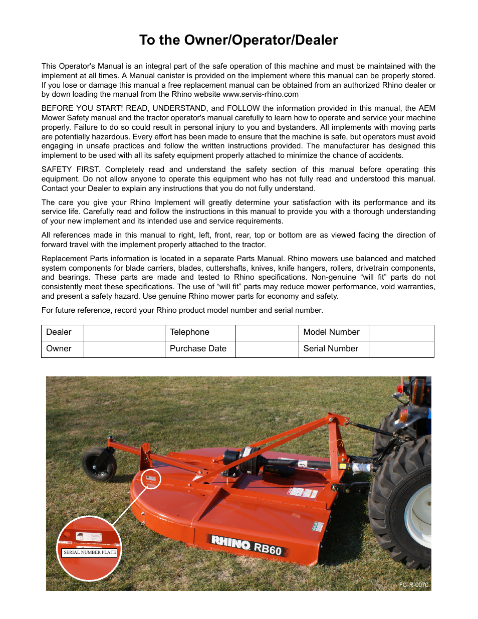 To the owner/operator/dealer | Blue Rhino RB60/72 User Manual | Page 2 / 178