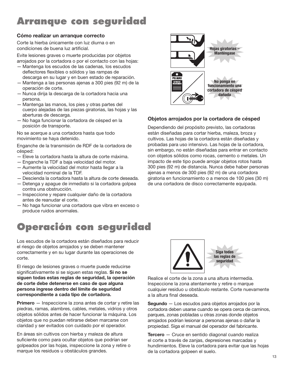 Arranque con seguridad, Operación con seguridad | Blue Rhino RB60/72 User Manual | Page 73 / 178