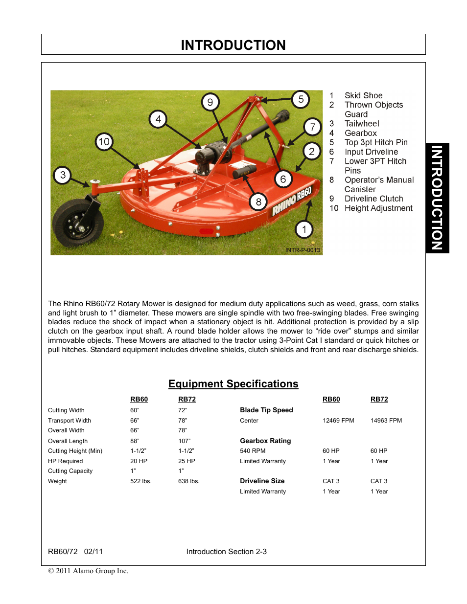 Equipment specifications, Equipment specifications -3, Introduction | Blue Rhino RB60/72 User Manual | Page 89 / 178