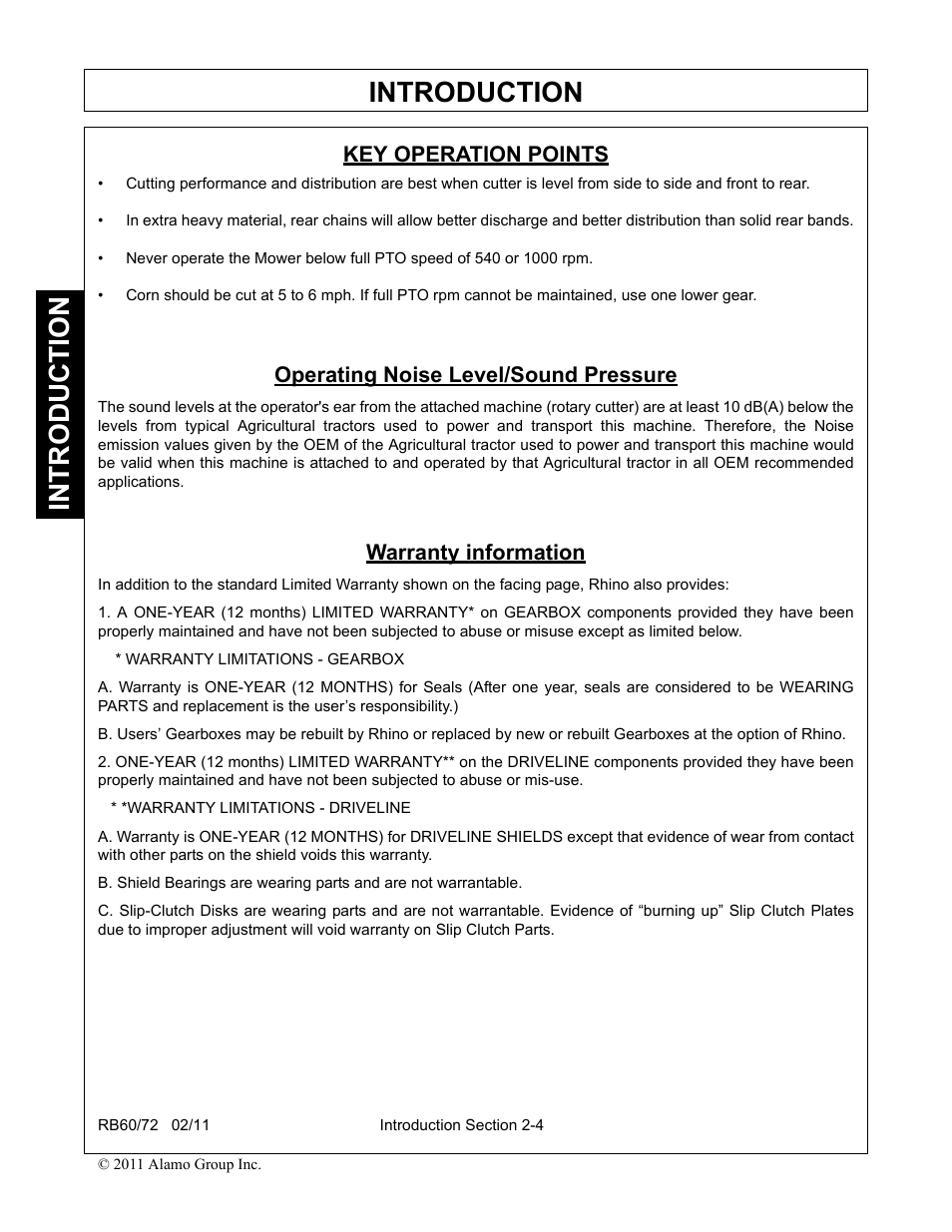 Key operation points, Operating noise level/sound pressure, Warranty information | Introduction | Blue Rhino RB60/72 User Manual | Page 90 / 178
