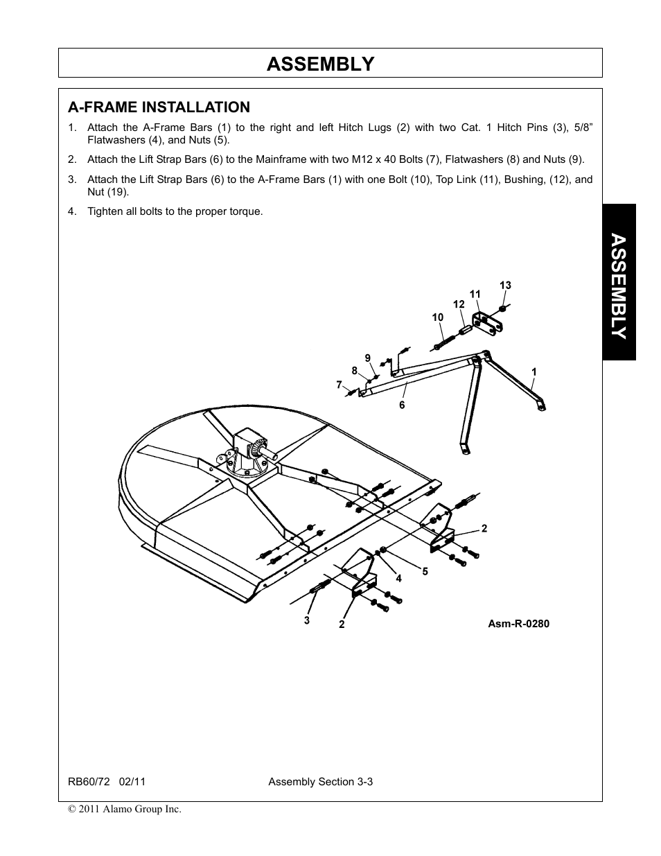 A-frame installation, Tighten all bolts to the proper torque, A-frame installation -3 | Assembly, Assembl y | Blue Rhino RB60/72 User Manual | Page 95 / 178