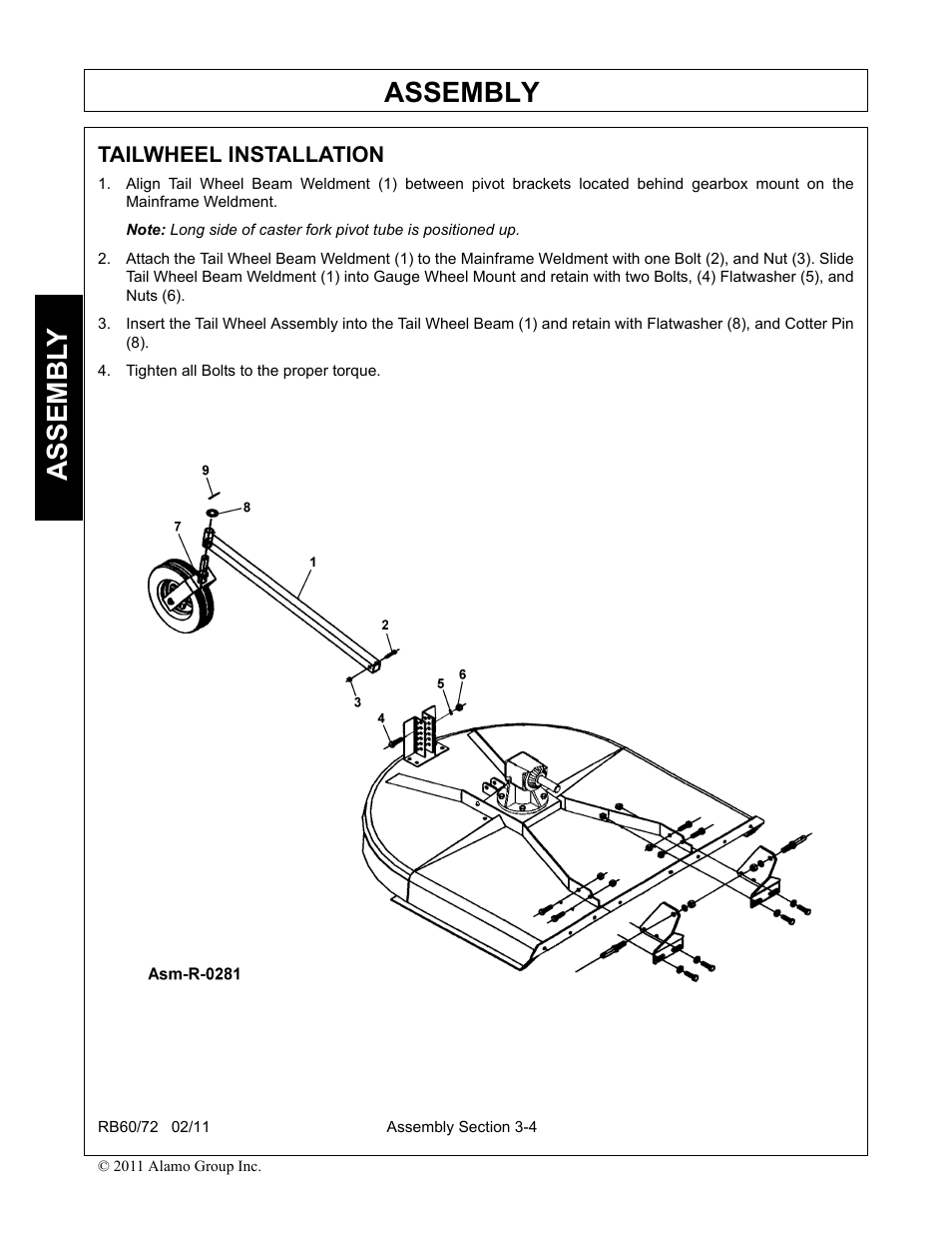 Tailwheel installation, Tighten all bolts to the proper torque, Tailwheel installation -4 | Assembly, Assembl y | Blue Rhino RB60/72 User Manual | Page 96 / 178