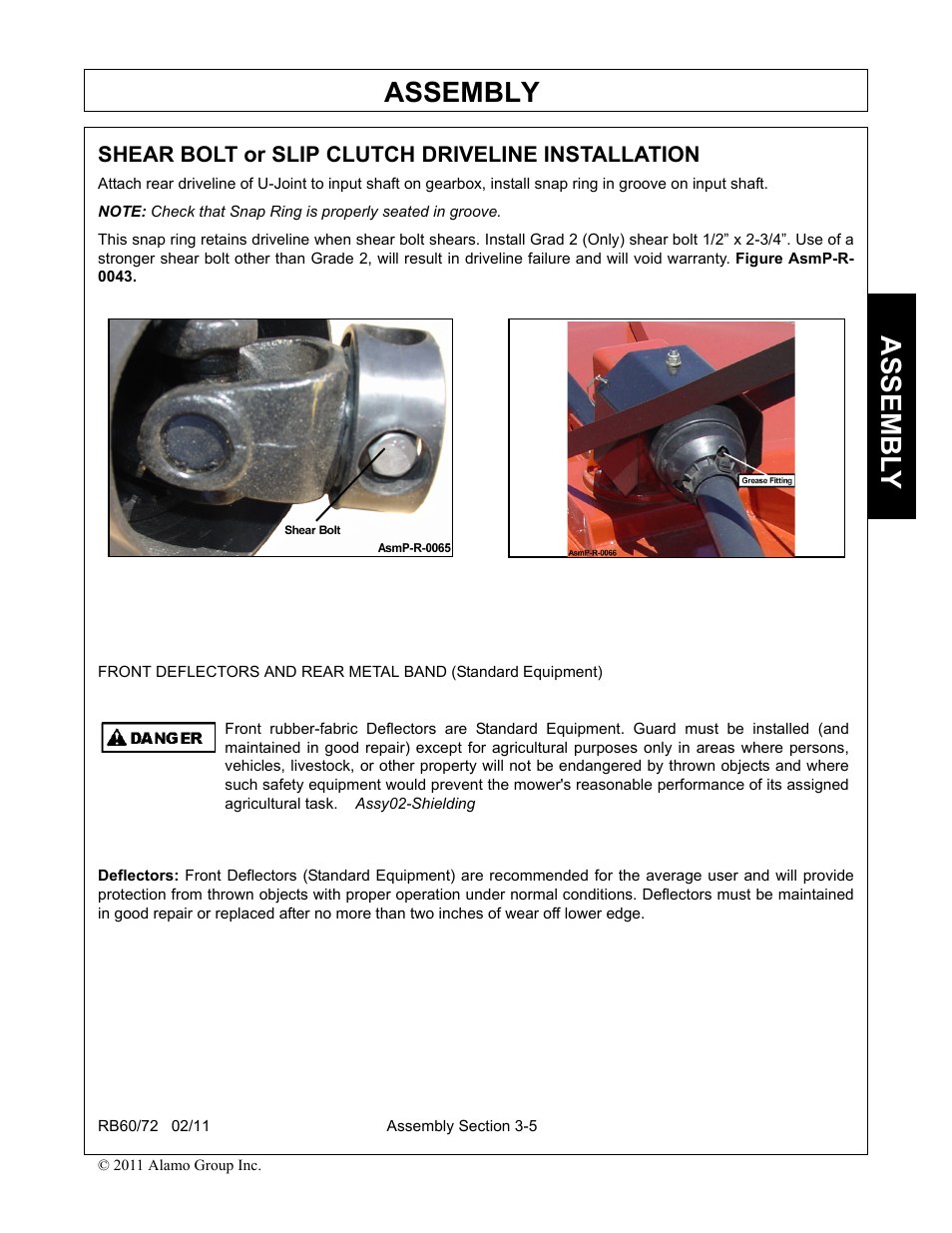 Shear bolt or slip clutch driveline installation, Assembly, Assembl y | Blue Rhino RB60/72 User Manual | Page 97 / 178